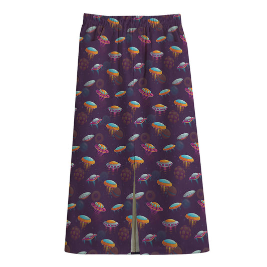 Colorful UFO Pattern Print Cotton Front Slit Maxi Skirt