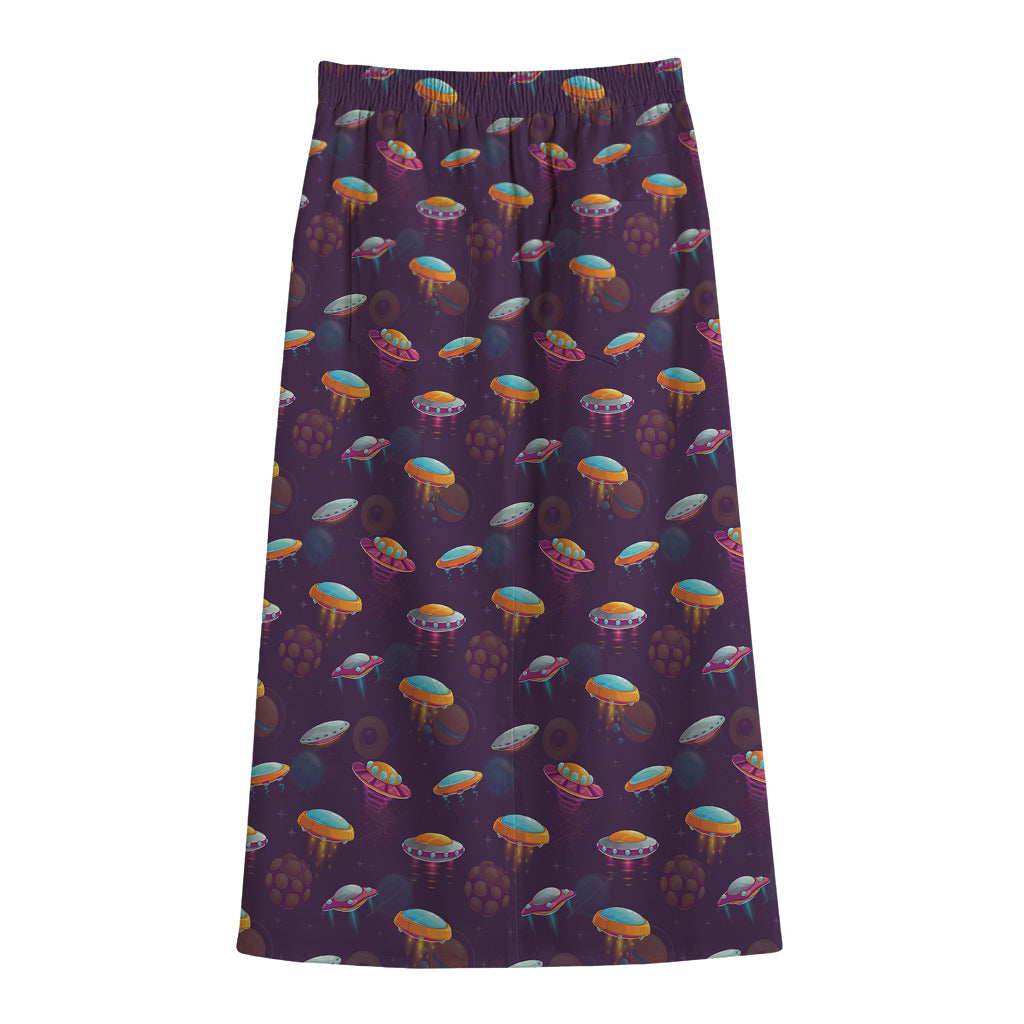 Colorful UFO Pattern Print Cotton Front Slit Maxi Skirt