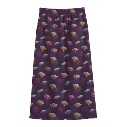 Colorful UFO Pattern Print Cotton Front Slit Maxi Skirt