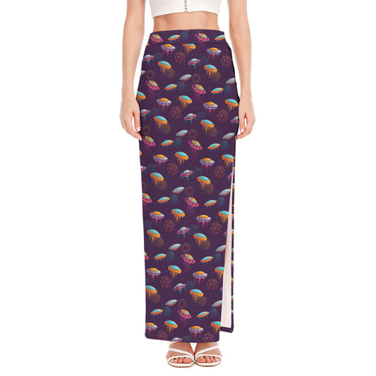 Colorful UFO Pattern Print High Slit Maxi Skirt