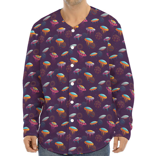 Colorful UFO Pattern Print Long Sleeve Baseball Jersey