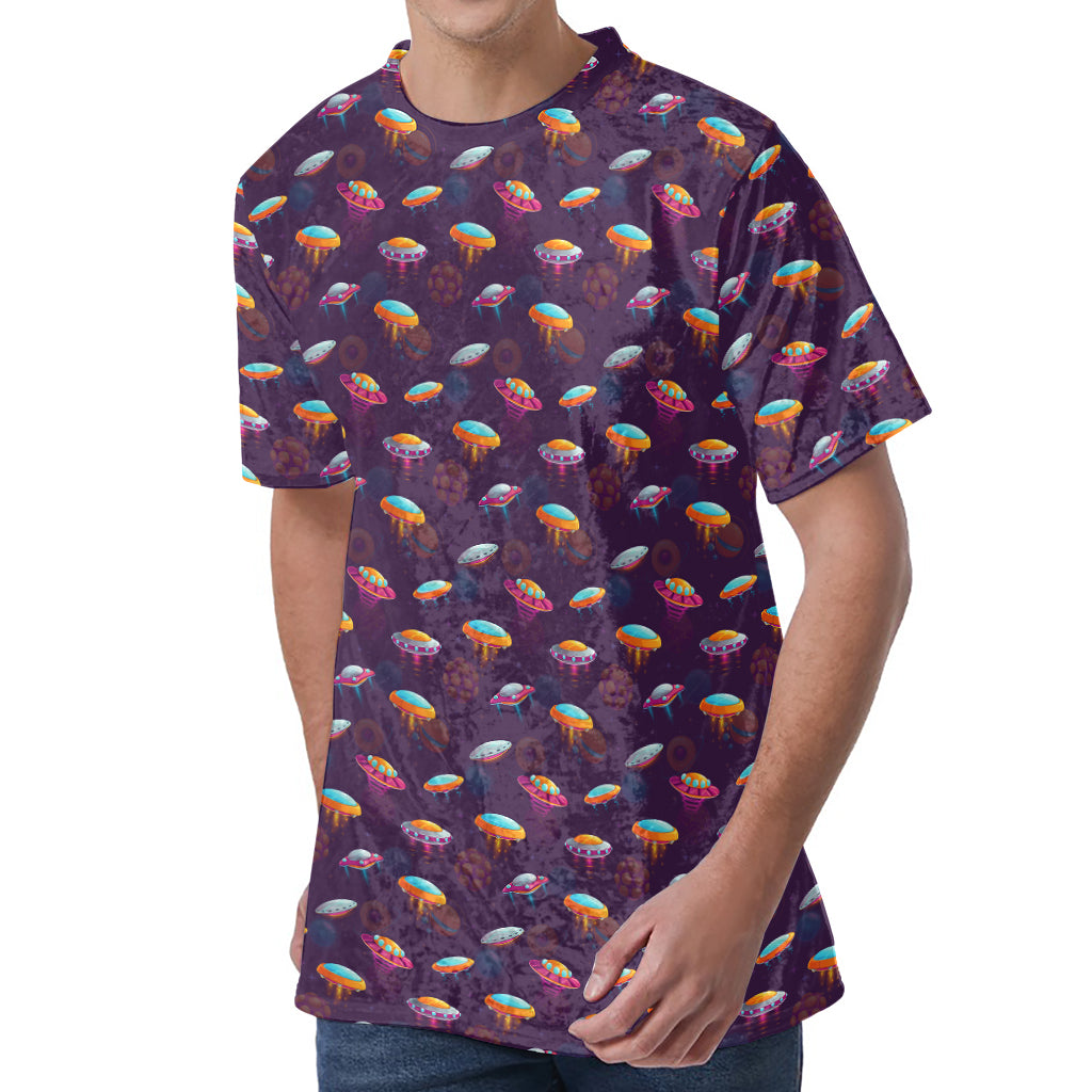 Colorful UFO Pattern Print Men's Velvet T-Shirt