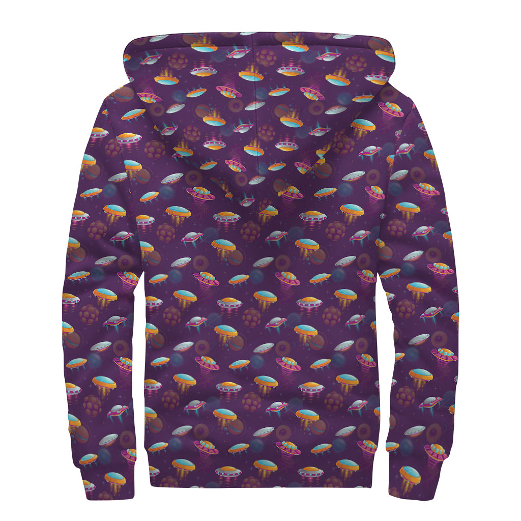 Colorful UFO Pattern Print Sherpa Lined Zip Up Hoodie