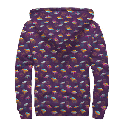 Colorful UFO Pattern Print Sherpa Lined Zip Up Hoodie