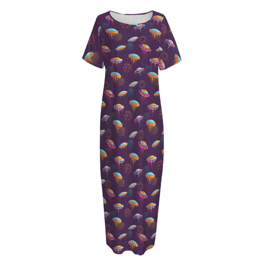 Colorful UFO Pattern Print Short Sleeve Long Nightdress