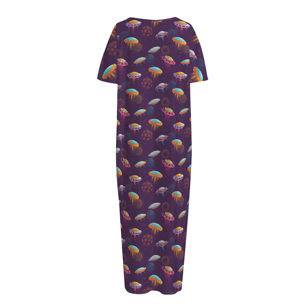 Colorful UFO Pattern Print Short Sleeve Long Nightdress