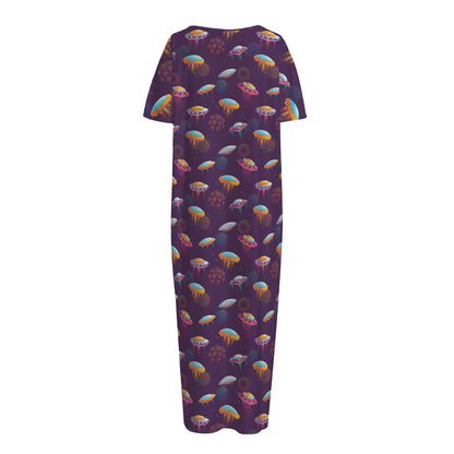 Colorful UFO Pattern Print Short Sleeve Long Nightdress