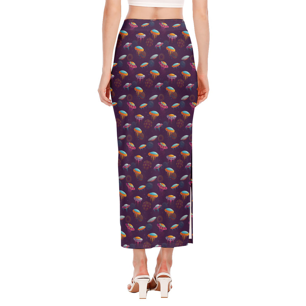 Colorful UFO Pattern Print Side Slit Maxi Skirt