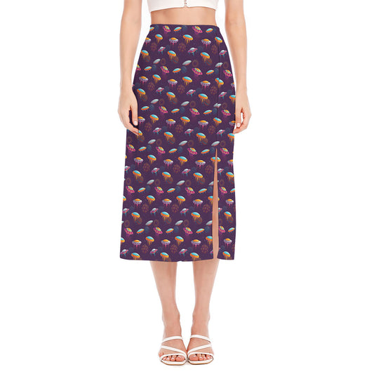 Colorful UFO Pattern Print Side Slit Midi Skirt