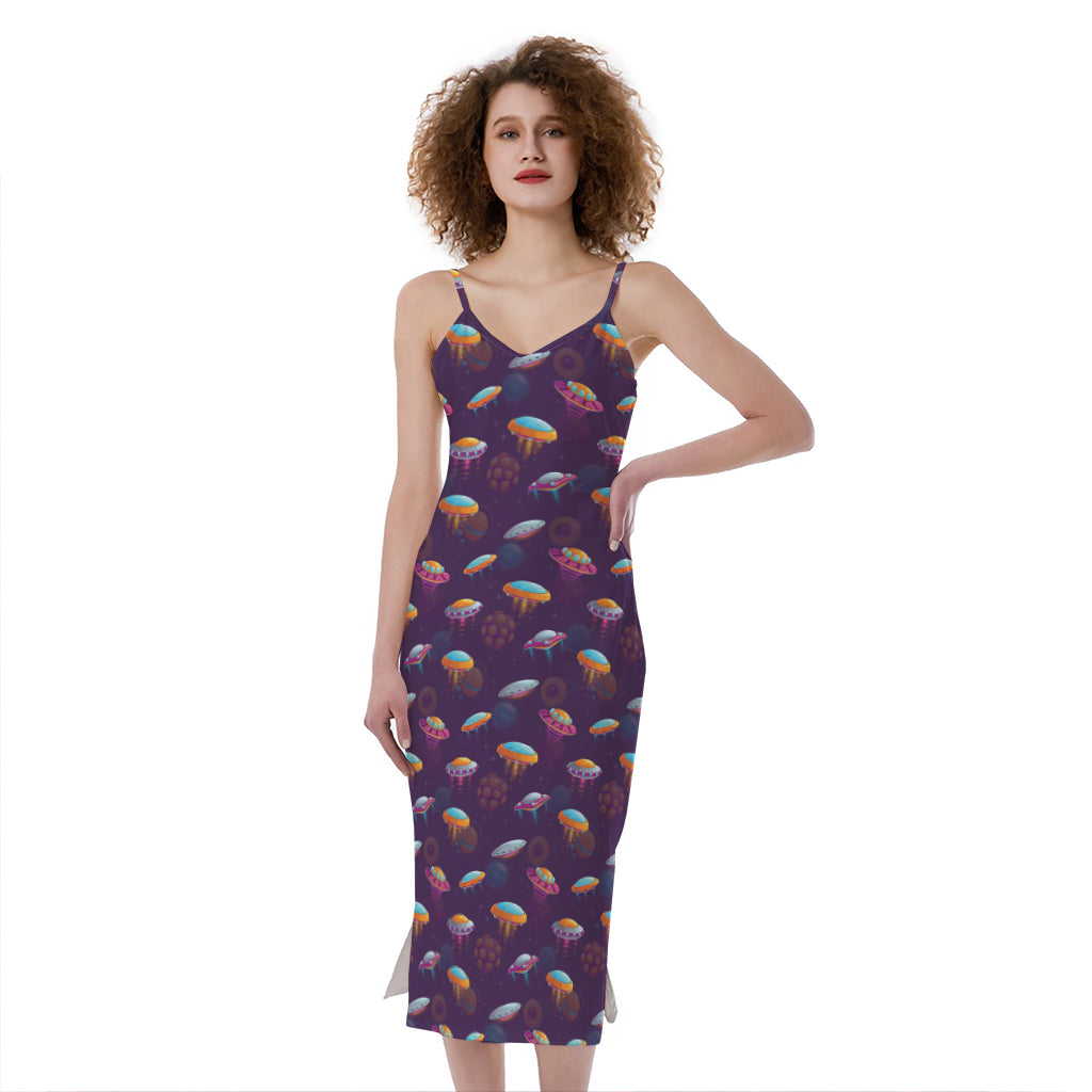 Colorful UFO Pattern Print Slim Fit Midi Cami Dress