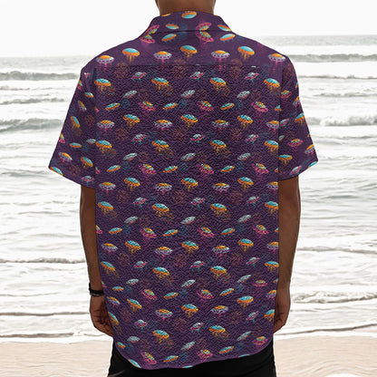 Colorful UFO Pattern Print Textured Short Sleeve Shirt