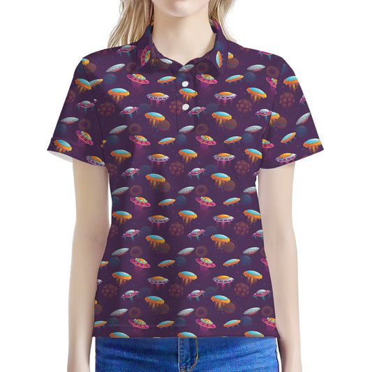 Colorful UFO Pattern Print Women's Polo Shirt