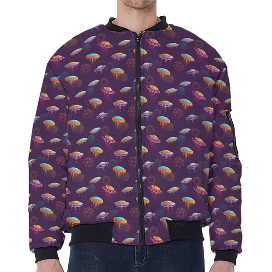Colorful UFO Pattern Print Zip Sleeve Bomber Jacket