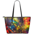 Colorful Universe Galaxy Space Print Leather Tote Bag With Zipper