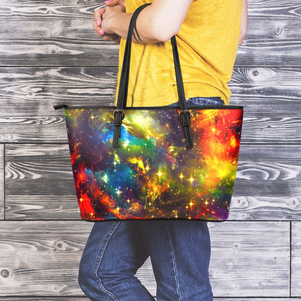 Colorful Universe Galaxy Space Print Leather Tote Bag