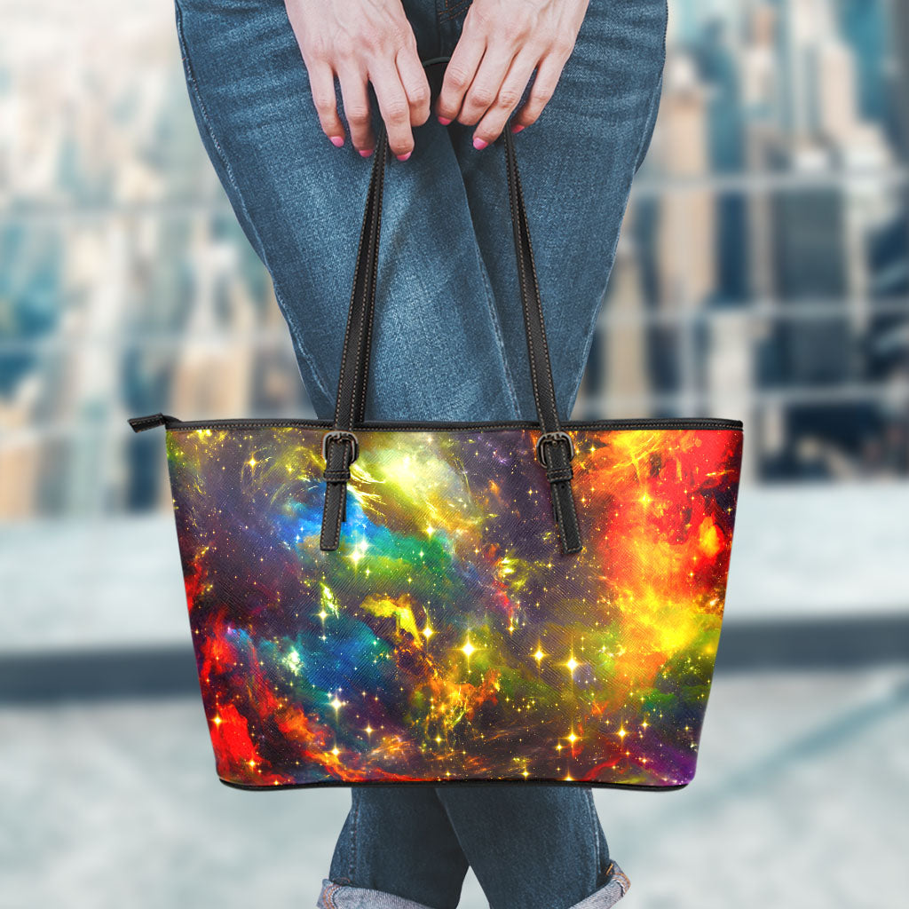 Colorful Universe Galaxy Space Print Leather Tote Bag