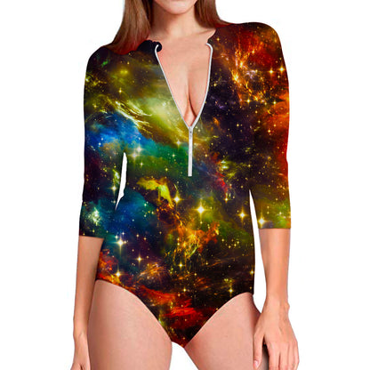 Colorful Universe Galaxy Space Print Long Sleeve Swimsuit