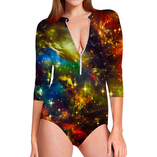 Colorful Universe Galaxy Space Print Long Sleeve Swimsuit