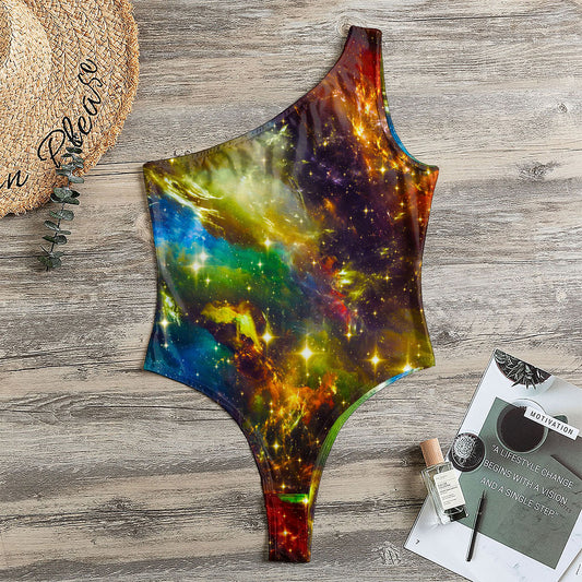 Colorful Universe Galaxy Space Print One Shoulder Bodysuit