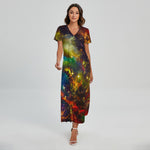 Colorful Universe Galaxy Space Print Short Sleeve Maxi Dress