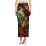 Colorful Universe Galaxy Space Print Side Slit Maxi Skirt