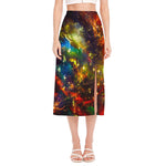 Colorful Universe Galaxy Space Print Side Slit Midi Skirt