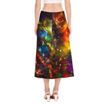 Colorful Universe Galaxy Space Print Side Slit Midi Skirt