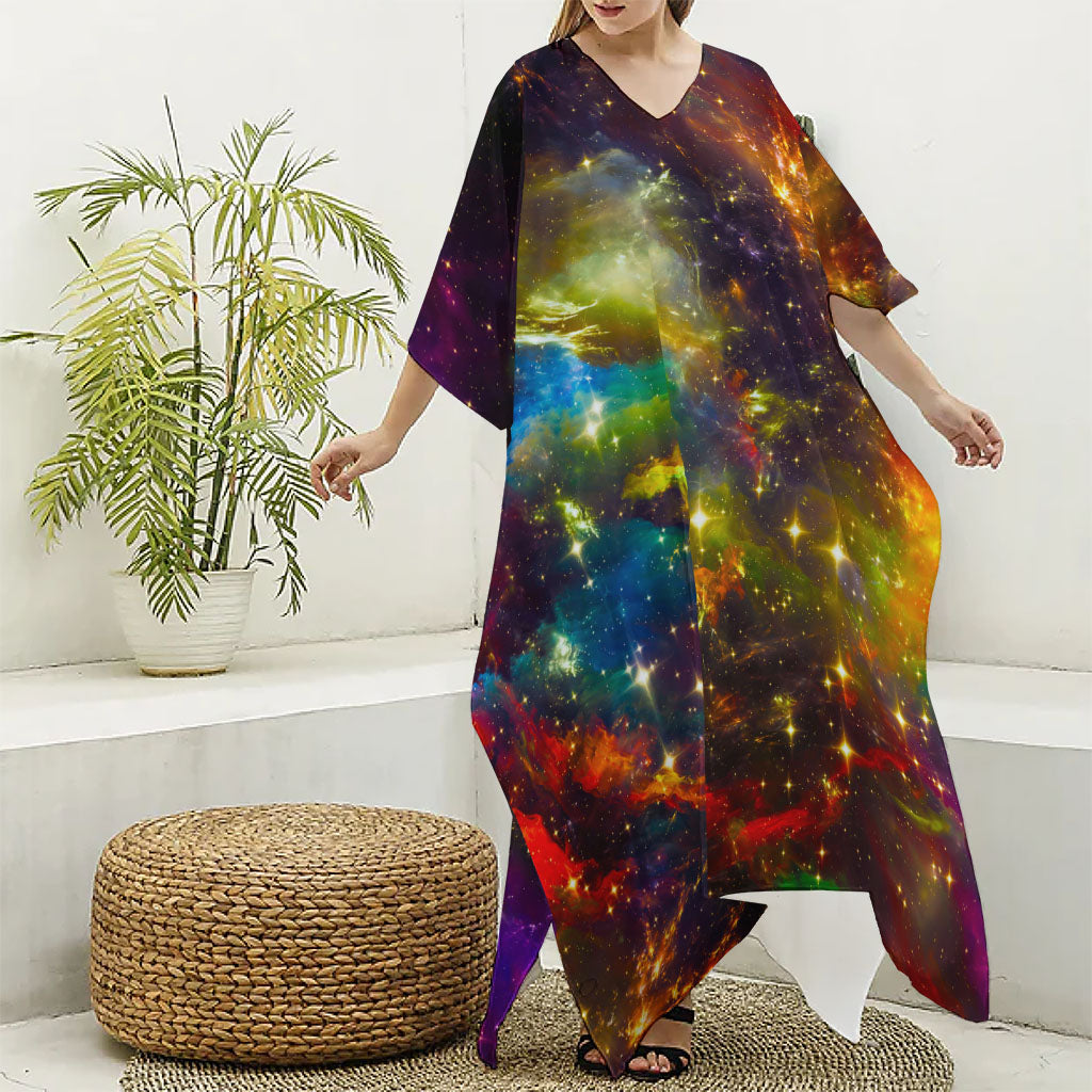 Colorful Universe Galaxy Space Print Silk V-Neck Kaftan Dress