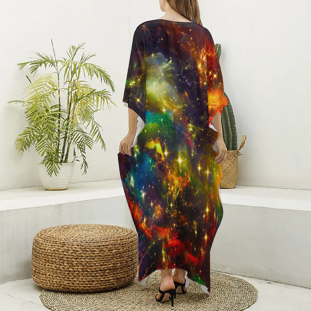 Colorful Universe Galaxy Space Print Silk V-Neck Kaftan Dress