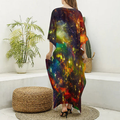 Colorful Universe Galaxy Space Print Silk V-Neck Kaftan Dress