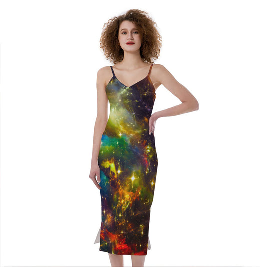 Colorful Universe Galaxy Space Print Slim Fit Midi Cami Dress