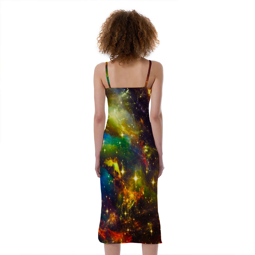Colorful Universe Galaxy Space Print Slim Fit Midi Cami Dress