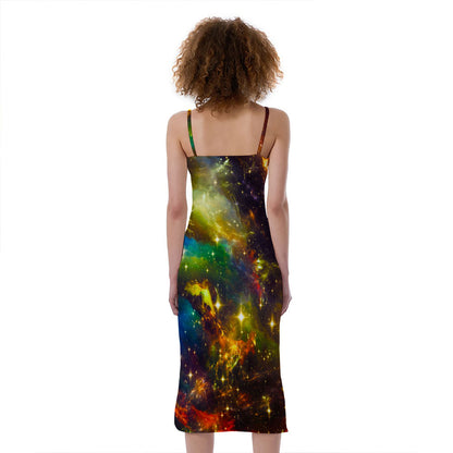Colorful Universe Galaxy Space Print Slim Fit Midi Cami Dress