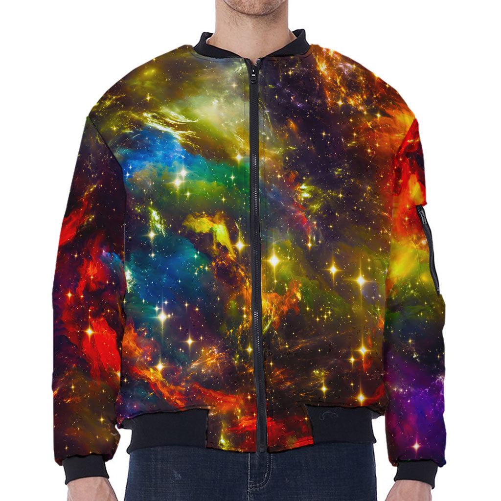 Colorful Universe Galaxy Space Print Zip Sleeve Bomber Jacket