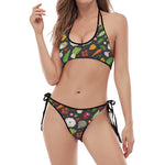 Colorful Vegetable Pattern Print Halter Scoop Tie Side Bikini