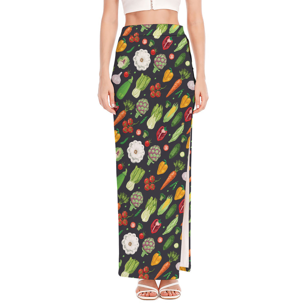 Colorful Vegetable Pattern Print High Slit Maxi Skirt