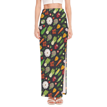 Colorful Vegetable Pattern Print High Slit Maxi Skirt