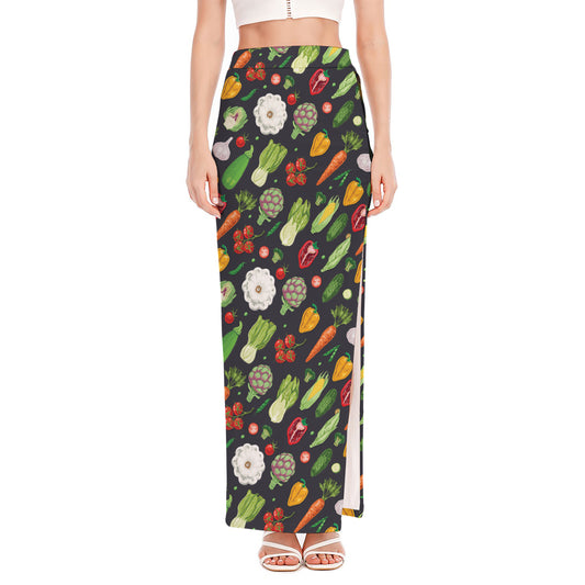 Colorful Vegetable Pattern Print High Slit Maxi Skirt