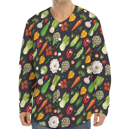 Colorful Vegetable Pattern Print Long Sleeve Baseball Jersey