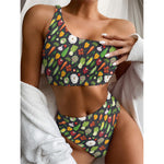 Colorful Vegetable Pattern Print One Shoulder Bikini Top
