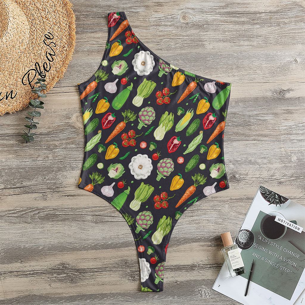 Colorful Vegetable Pattern Print One Shoulder Bodysuit