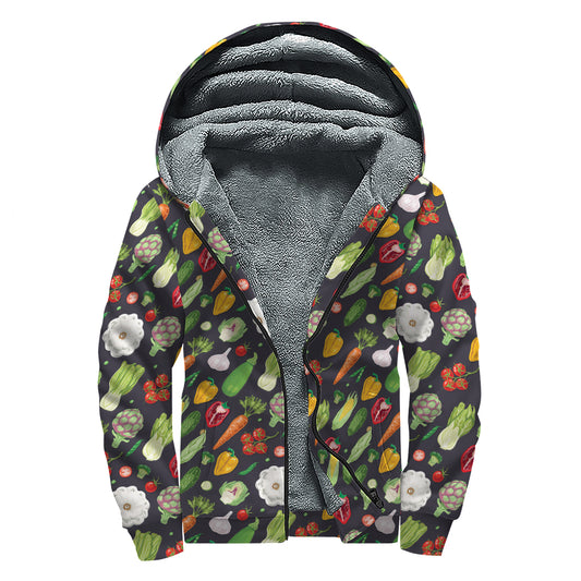 Colorful Vegetable Pattern Print Sherpa Lined Zip Up Hoodie