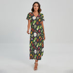 Colorful Vegetable Pattern Print Short Sleeve Maxi Dress