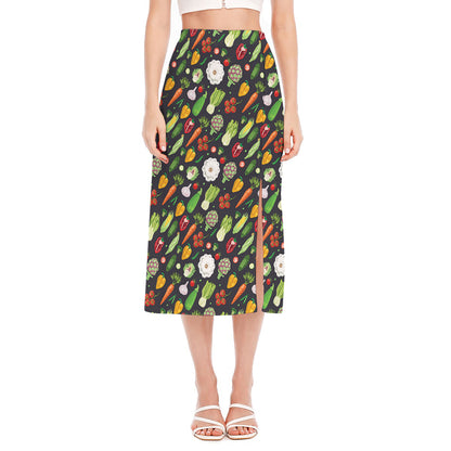 Colorful Vegetable Pattern Print Side Slit Midi Skirt