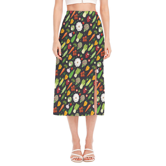 Colorful Vegetable Pattern Print Side Slit Midi Skirt