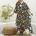 Colorful Vegetable Pattern Print Silk V-Neck Kaftan Dress