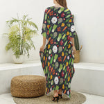 Colorful Vegetable Pattern Print Silk V-Neck Kaftan Dress
