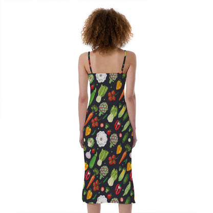 Colorful Vegetable Pattern Print Slim Fit Midi Cami Dress