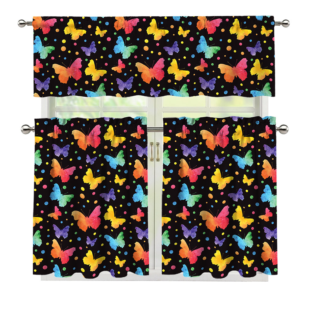 Colorful Watercolor Butterfly Print 3 Piece Kitchen Curtains