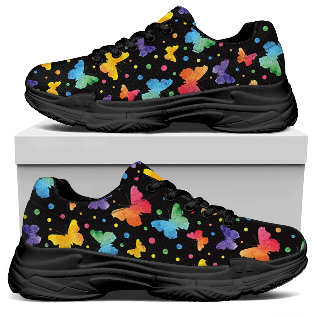 Colorful Watercolor Butterfly Print Black Chunky Shoes